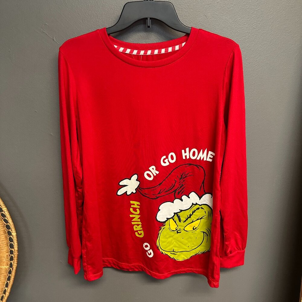 Go Grinch or Go Home Long Sleeve Christmas Graphic Red Tee Womens Size Small
